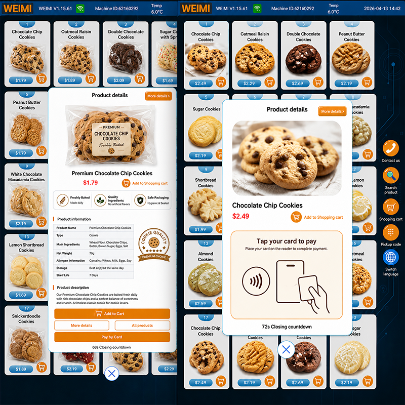 Side-by-side views of a WEIMI cookie vending machine touchscreen interface showing a grid of cookie products with prices and images, along with product detail pop-ups featuring selected cookies, pricing, add-to-cart options, and a contactless payment prompt.
