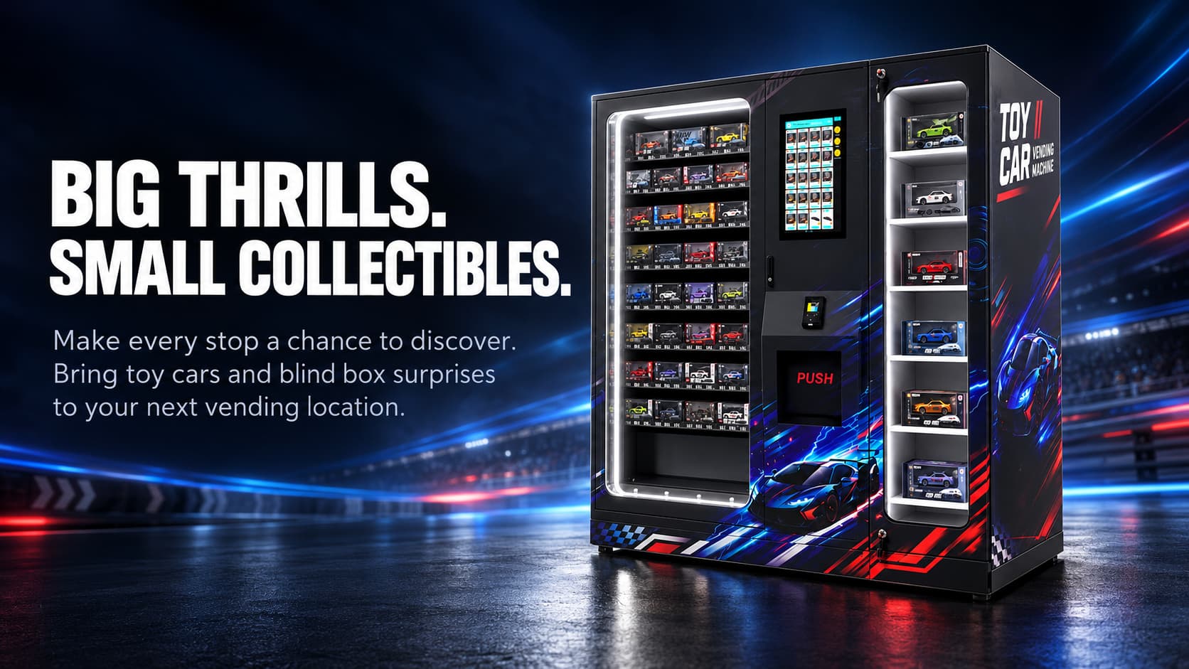 WEIMI WM900 model car vending machine with packaged collectibles, a touchscreen and illuminated side display