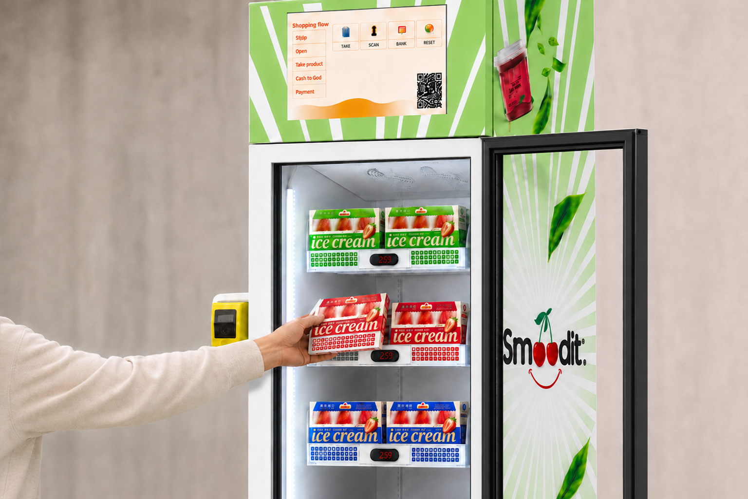 El cliente abre el mueble y coge un producto granizado congelado