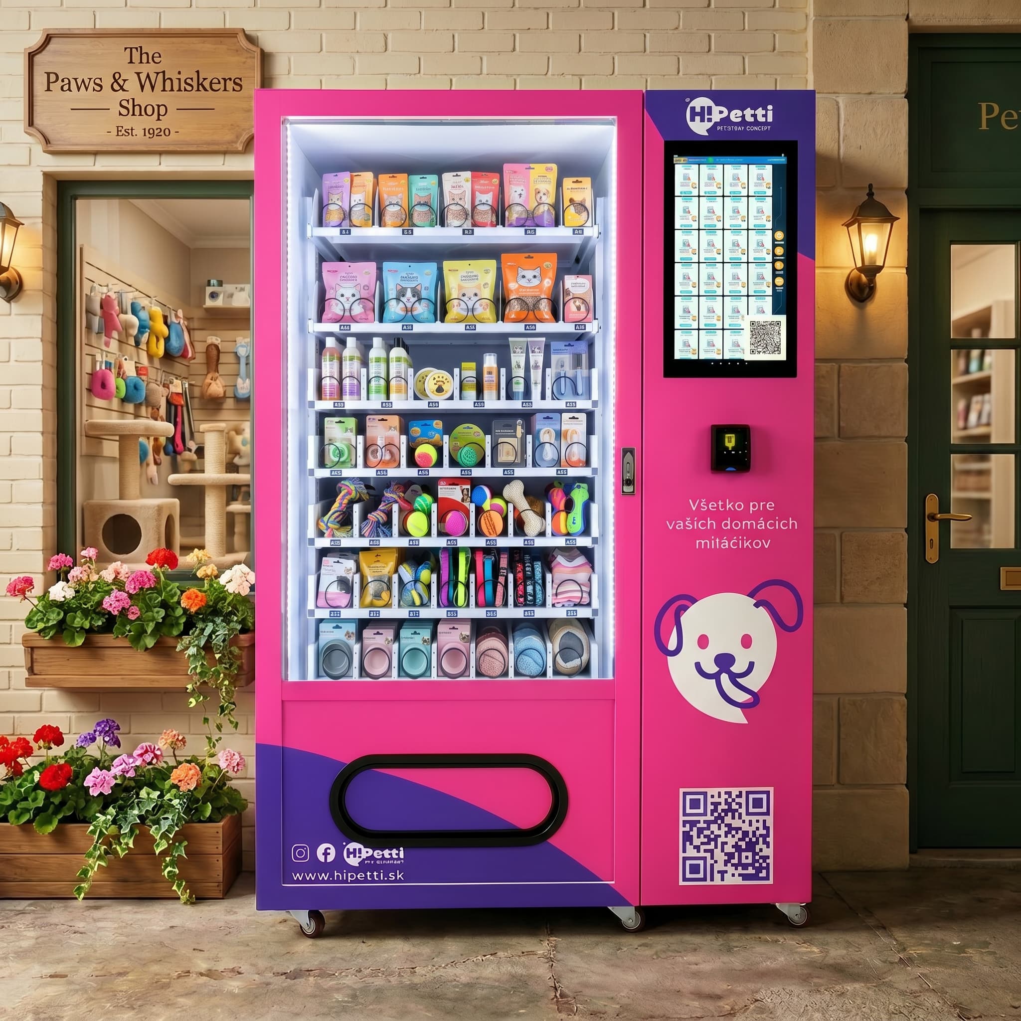 HiPetti pink and purple pet supplies vending machine displayed in front of a charming British-style pet shop called