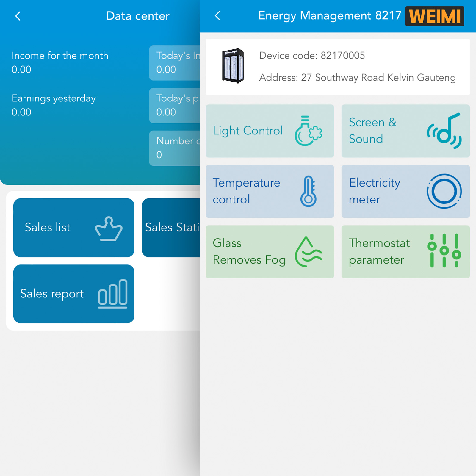 WEIMI remote management backend system showing energy management controls for smart vending machines, including temperature control, lighting, screen and sound settings, electricity meter, thermostat parameters, and glass defogging functions.
