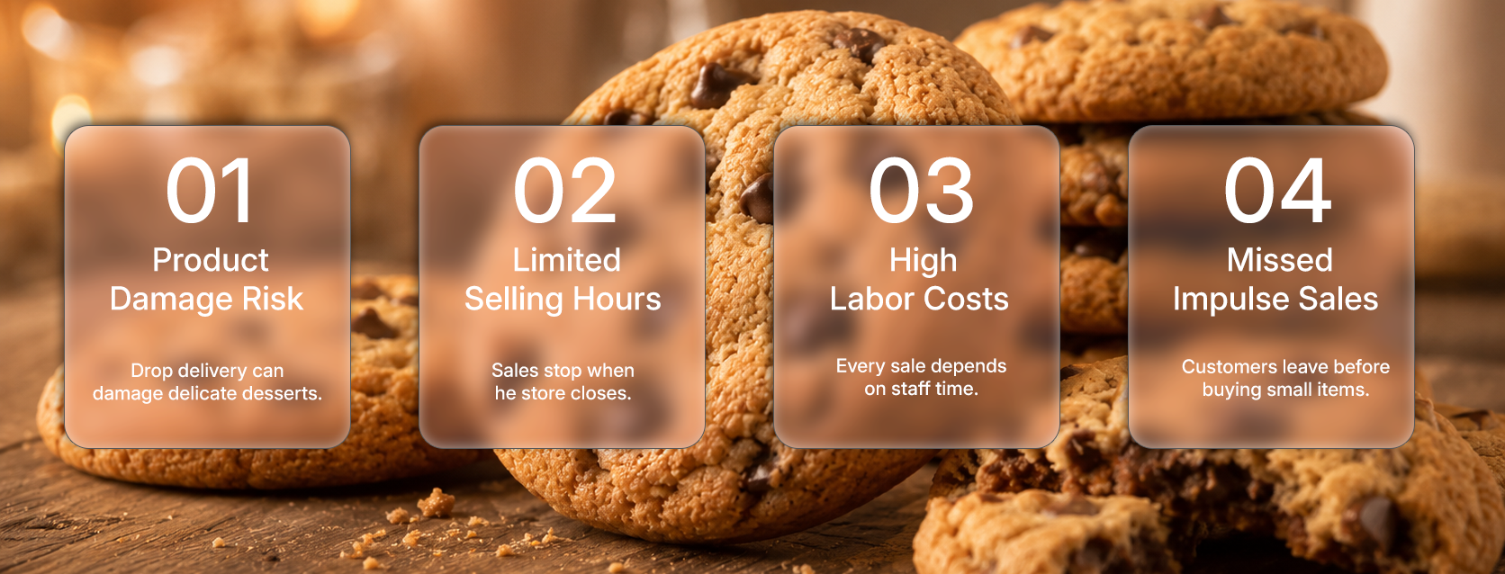 A warm cookie-themed graphic with four glass-style floating cards. Each card presents a challenge for traditional cookie sales: product damage during delivery, limited selling hours, high labor costs, and missed impulse sales from limited locations.