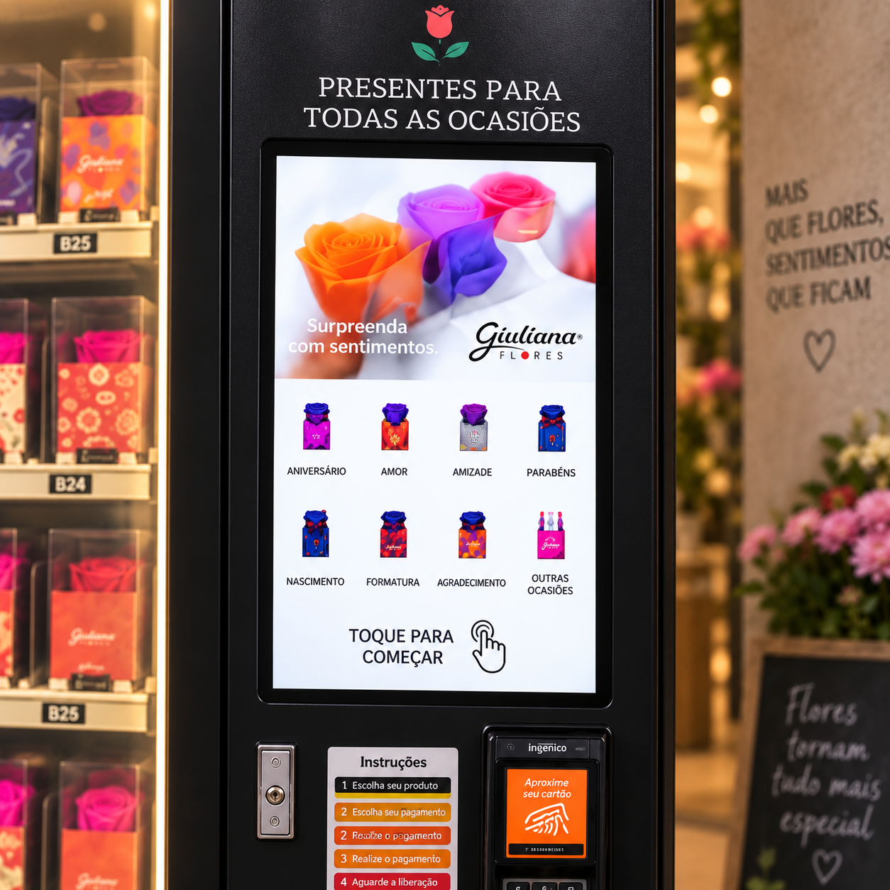 Close-up of the WM-22 touchscreen displaying preserved flower gift selections