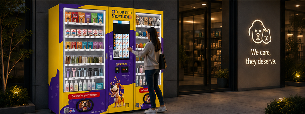 Customer using a 2-in-1 pet product vending machine at night, showing 24/7 self-service sales for pet essentials.