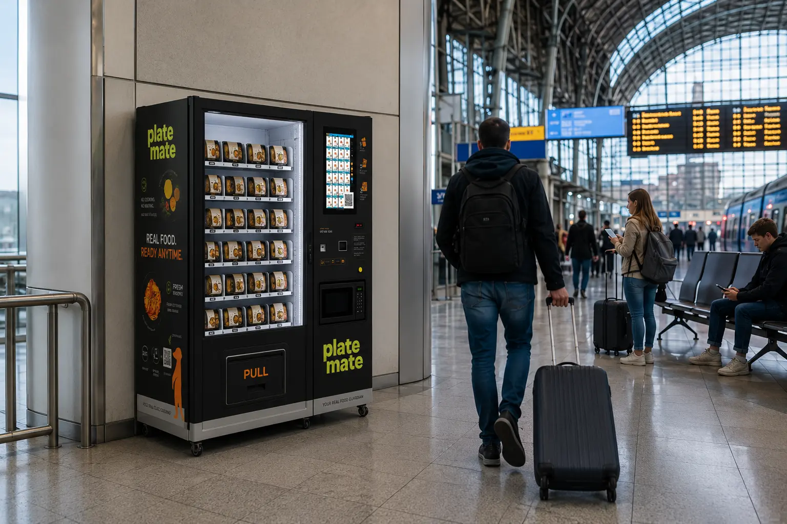 Hot food vending machine in a transit hub