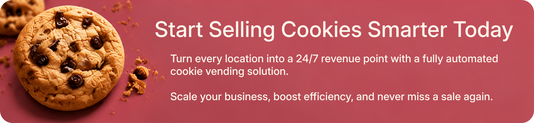 A promotional banner with a large cookie image on the left and a red gradient background, featuring the headline “Start Selling Cookies Smarter Today” and supporting text about turning locations into 24/7 revenue points with an automated cookie vending solution.
