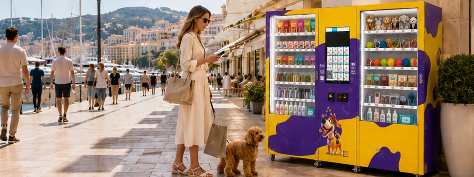 Pet supplies vending machine on a bright Monaco marina promenade, helping customers buy pet treats, toys, and care products on the go.