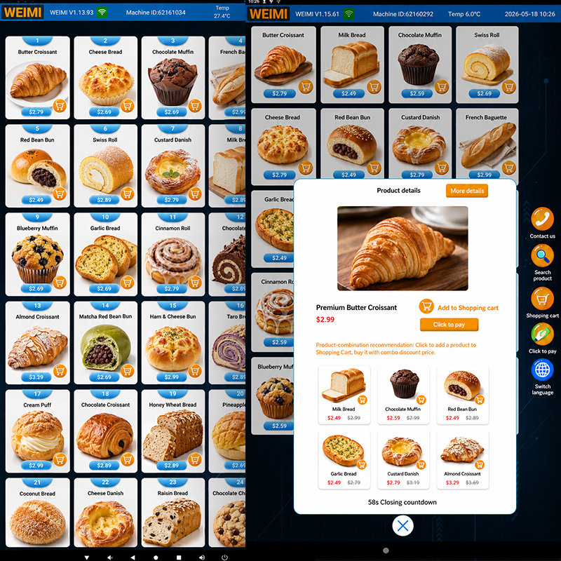 WEIMI bakery vending machine touchscreen interface showing two screens side by side. The left screen displays a full product grid of bakery items, including croissants, bread, muffins, rolls, and buns with prices and shopping cart icons. The right screen shows a product detail pop-up for a Premium Butter Croissant, including product image, price, and options to add to cart or pay by card, along with a countdown timer. The interface includes icons for contact, search, shopping cart, click-to-pay, and language switch.