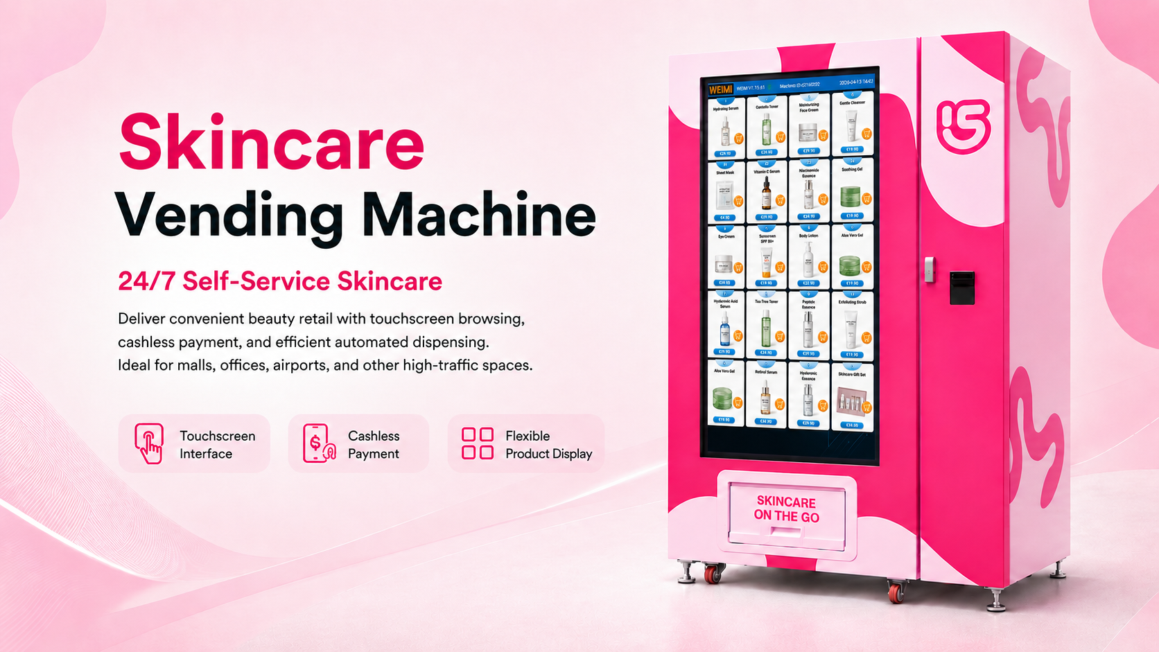 WEIMI pink skincare vending machine banner featuring a self-service beauty machine with touchscreen browsing, cashless payment, QR code, and automated product dispensing.