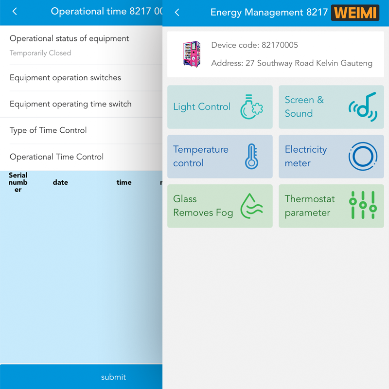 WEIMI vending machine energy management app with temperature, light, sound, and thermostat controls