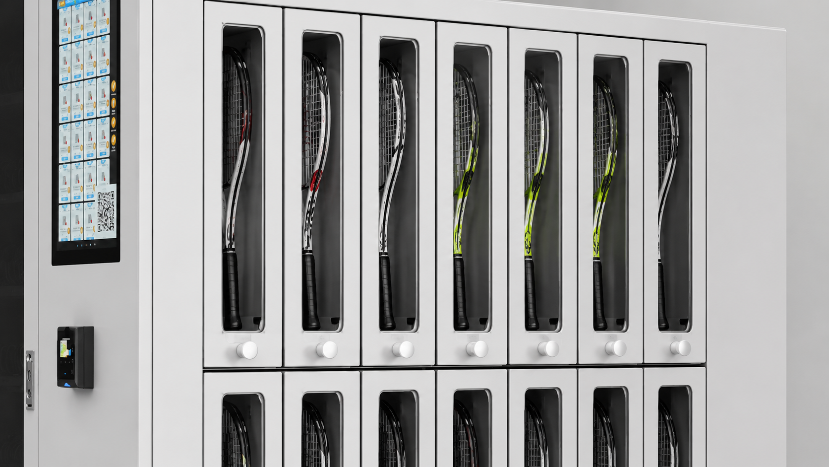Secure rental lockers storing tennis rackets after the return process is completed
