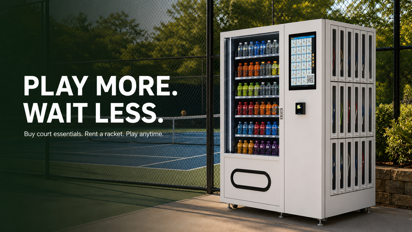 Tennis vending machine beside a court with sports drinks and racket rental lockers