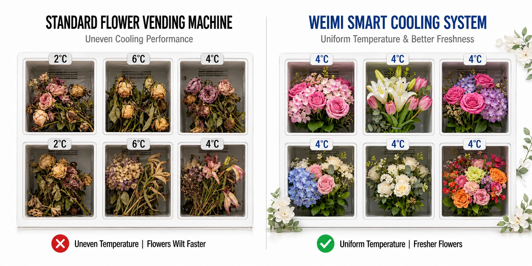 WEIMI smart cooling flower vending machine comparison showing uniform 4°C temperature control for fresher flowers.