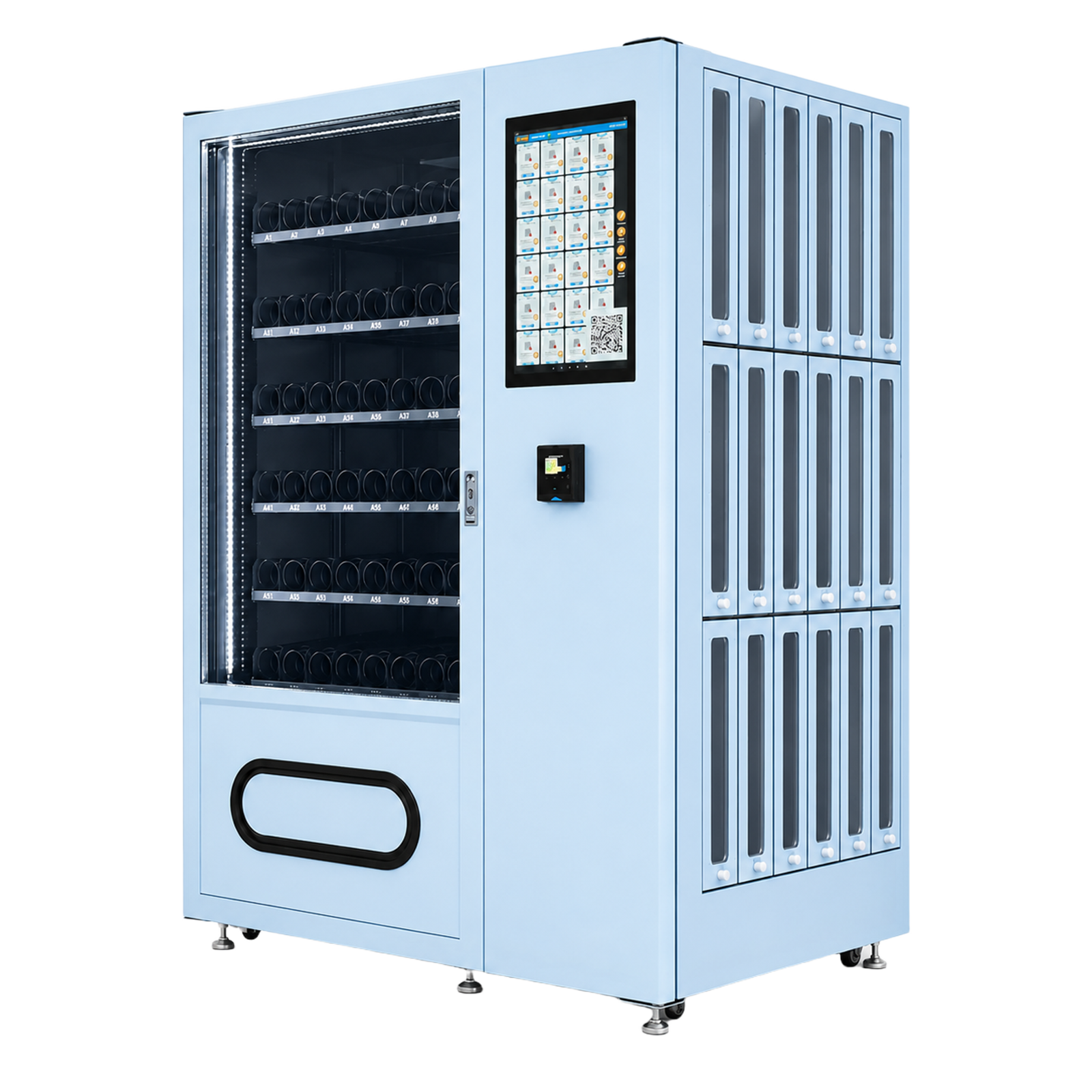 Light blue custom-color tennis vending machine with racket rental lockers