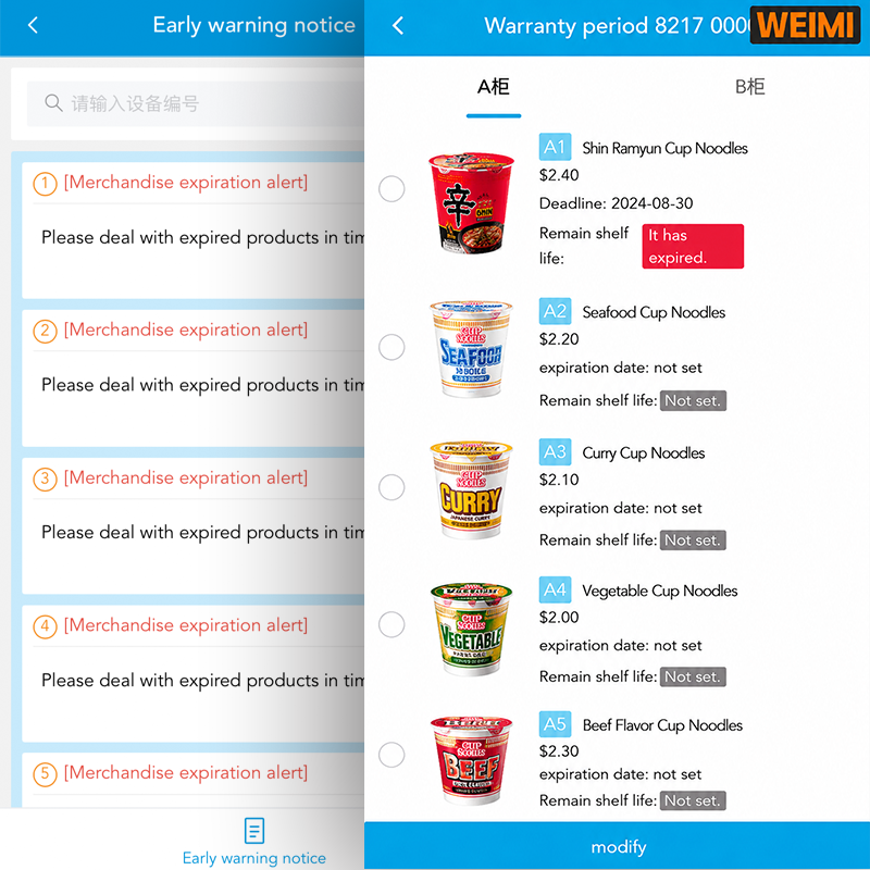 Smart expiration alert system for vending machine showing cup noodle shelf life and inventory management.