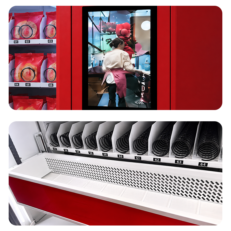 Close-up of a WEIMI cookie vending machine system showing an elevator-style pickup mechanism and internal dispensing area, alongside a 22-inch touchscreen interface for product selection. The design demonstrates smooth, jam-free operation that prevents cookie breakage and provides a clear, intuitive self-service shopping experience.