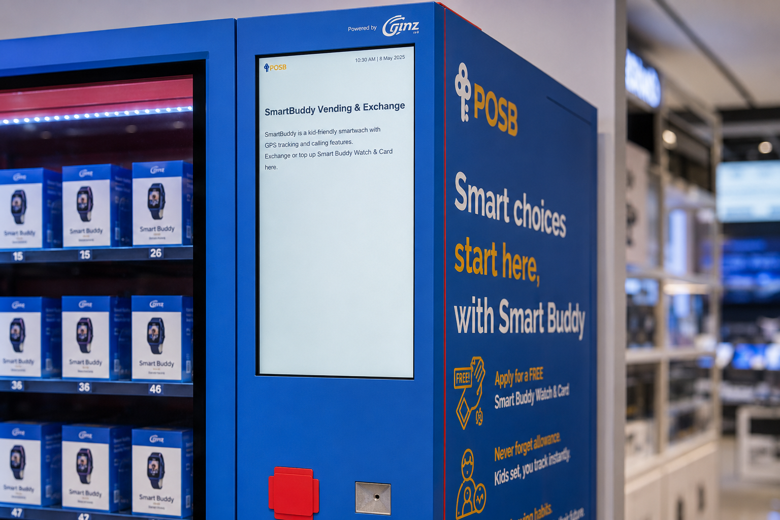 Touchscreen and orange double-layer display cabinet on the front of a kids' smart watch vending machine