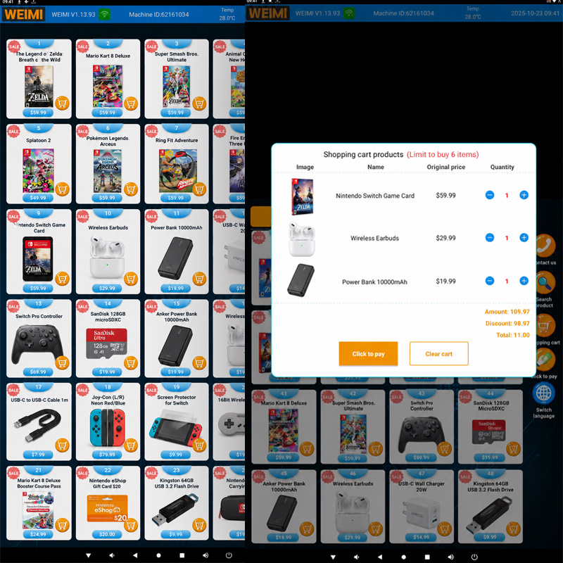 WEIMI vending machine shopping cart interface showing Nintendo Switch game cards, wireless earbuds, power bank, product prices, quantity controls, and checkout options.