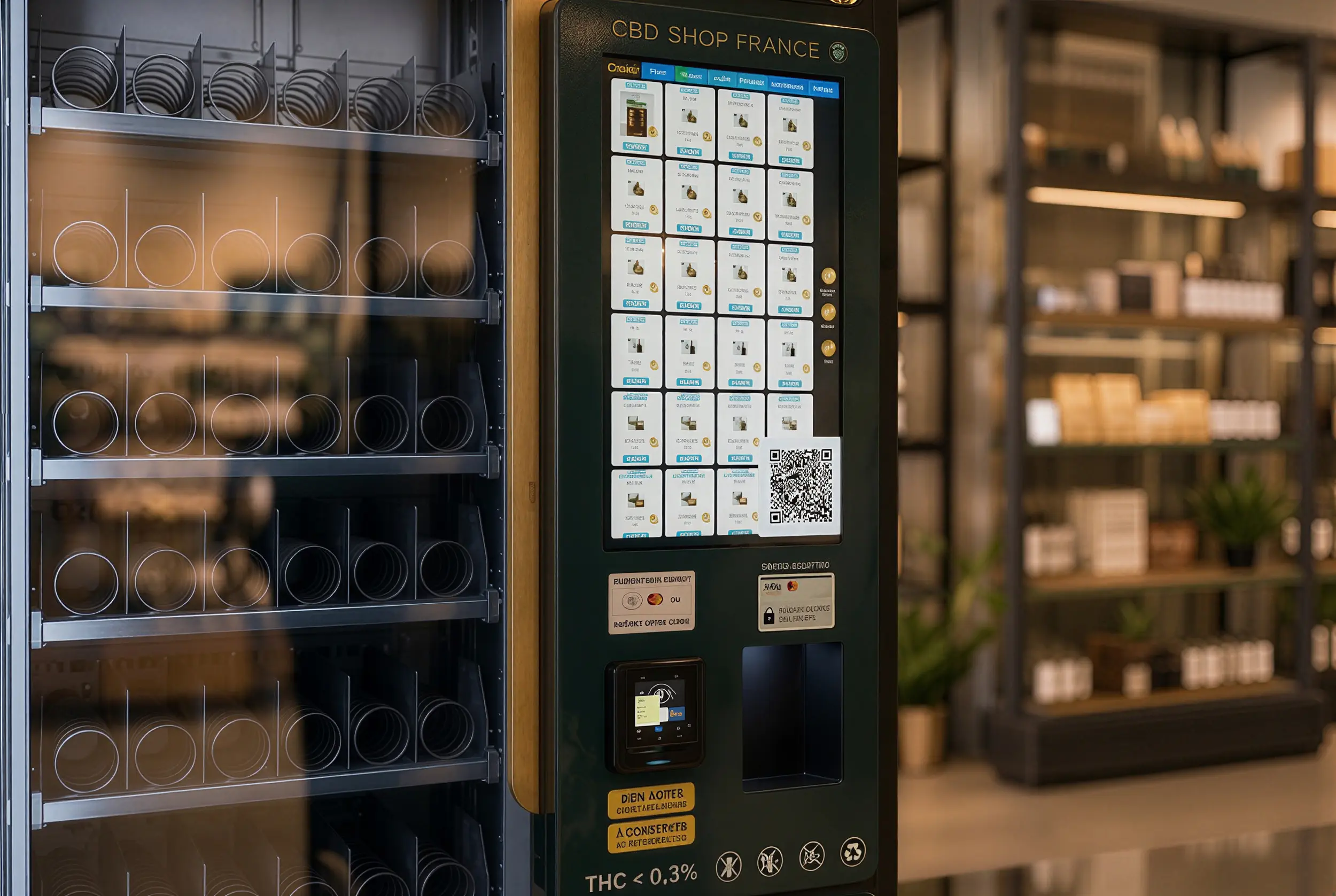 Máquina expendedora WEIMI con pantalla táctil de 21 pulgadas para selección de productos y compra en autoservicio.