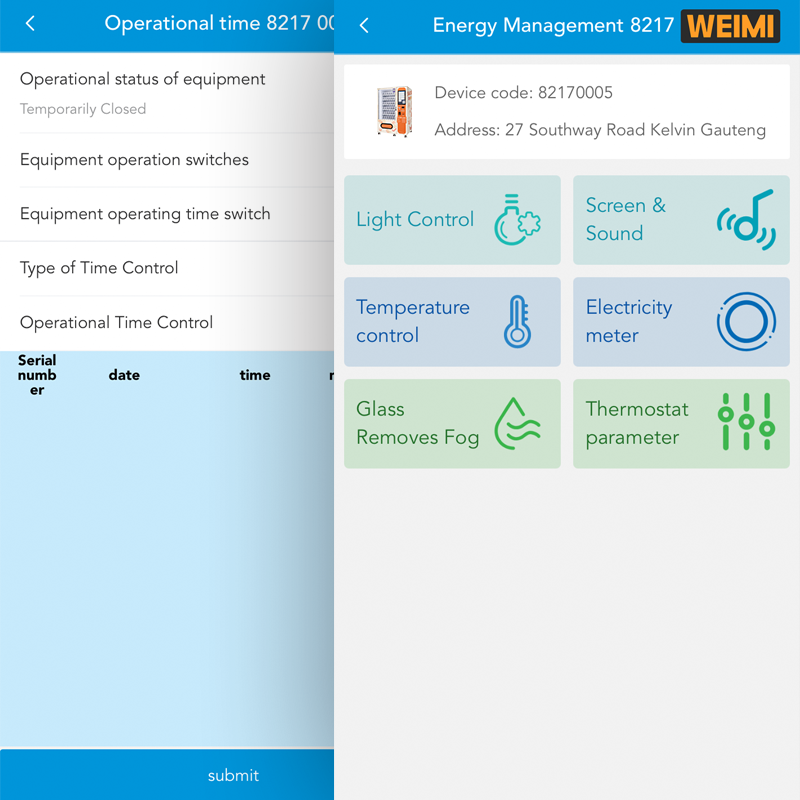 **Alt text:** WEIMI bakery vending machine management interface showing remote energy controls, including temperature adjustment, thermostat settings, light and screen control, and electricity monitoring for optimized product storage and energy efficiency.