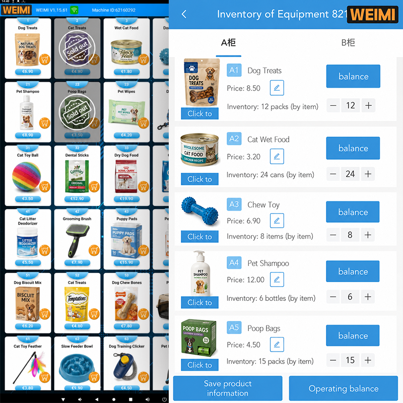 Smart pet supplies vending machine UI with product inventory, prices, stock monitoring, and remote management controls