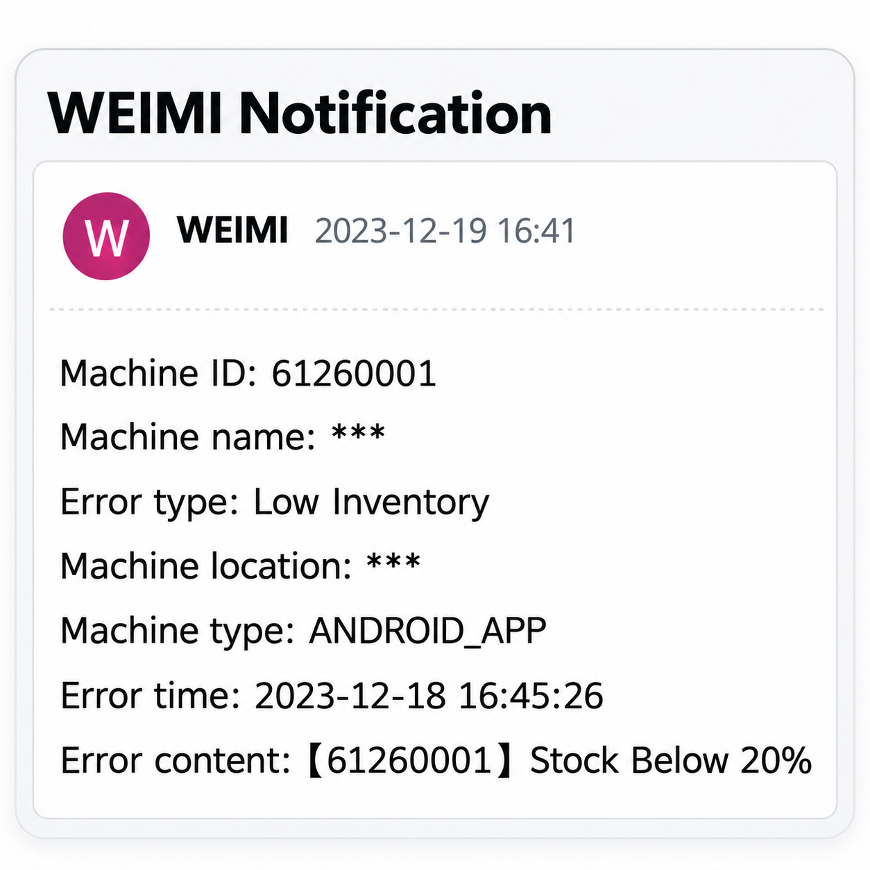 Notifica e-mail WEIMI che mostra un avviso di esaurimento scorte quando le scorte scendono al di sotto del 20%.