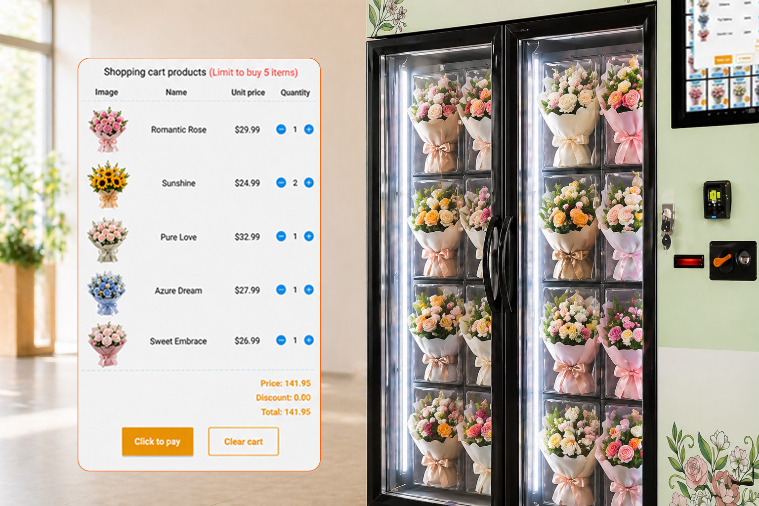 Flower vending machine multi-buy discount interface showing multiple bouquet selections, adjustable quantities, total price, discount information, and checkout button beside a refrigerated flower vending machine.