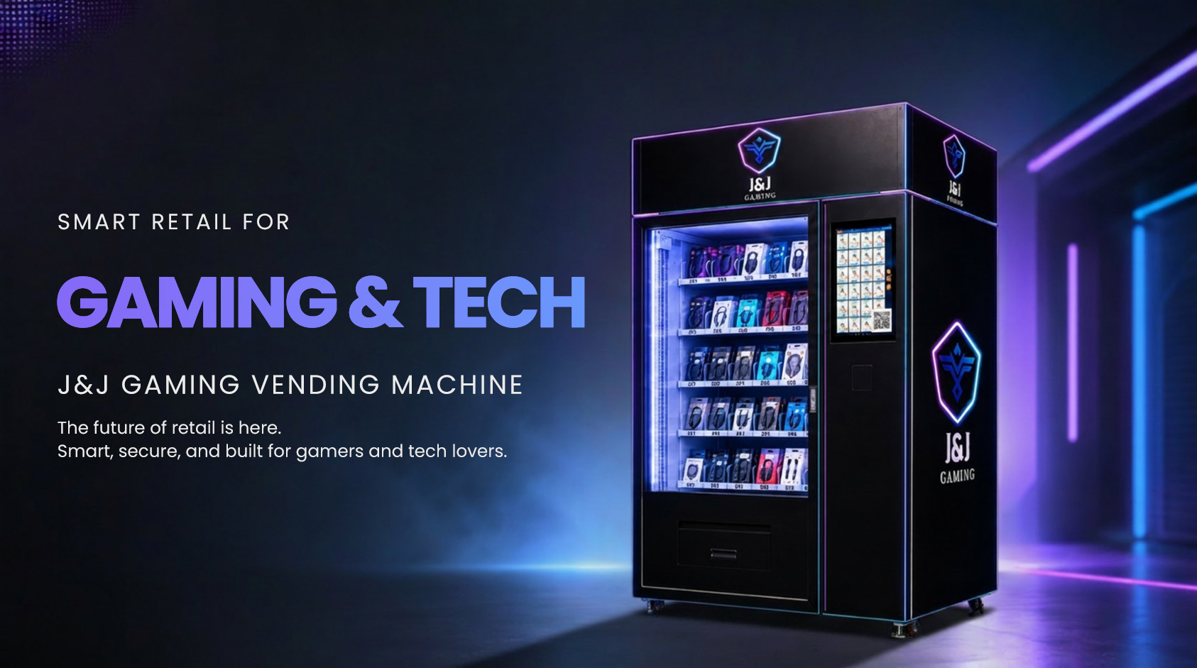 Smart vending machine manufactured by WEIMI, branded for J&J Gaming, featuring a black machine with neon blue and purple lighting, stocked with gaming and tech accessories, promoting “Gaming & Tech” smart retail solutions.