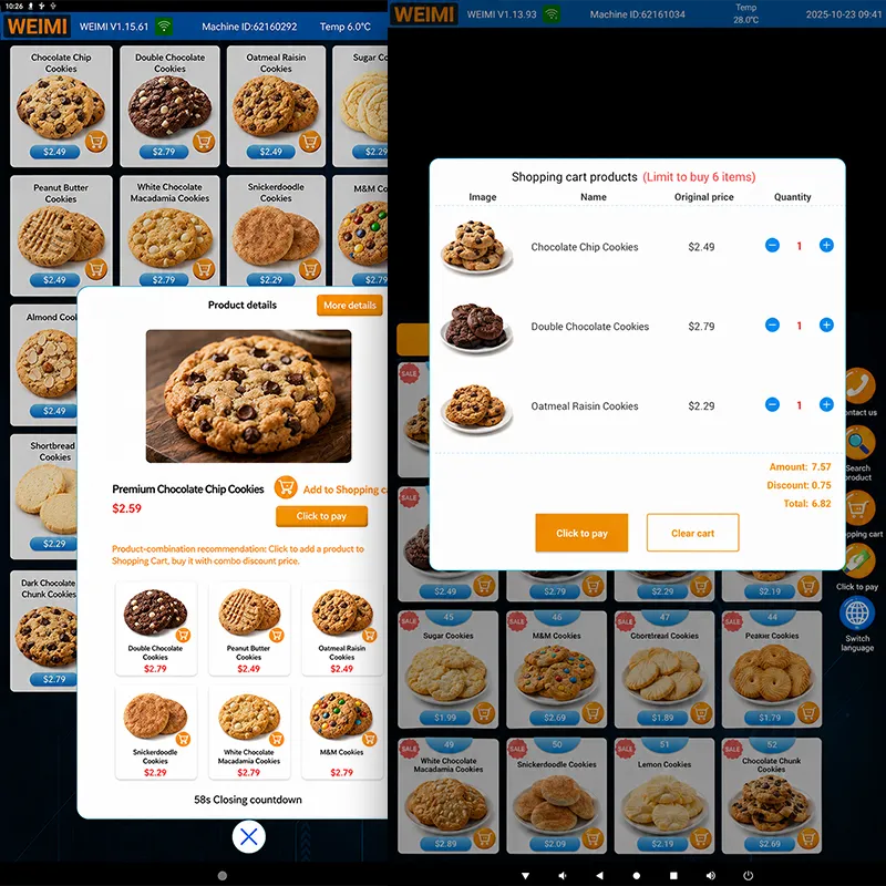 Split-screen view of a WEIMI cookie vending machine interface showing a product grid of various cookies with prices and a product detail page alongside a shopping cart panel listing selected cookies, quantities, and totals, illustrating end-to-end self-service ordering and checkout flow.