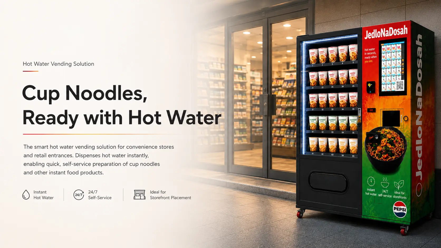A hot water vending machine installed at a convenience store entrance, featuring cup noodles inside and an instant hot water dispensing function. Customers can purchase cup noodles and get hot water directly for quick preparation, ideal for convenience stores, retail shops, and public commercial spaces.