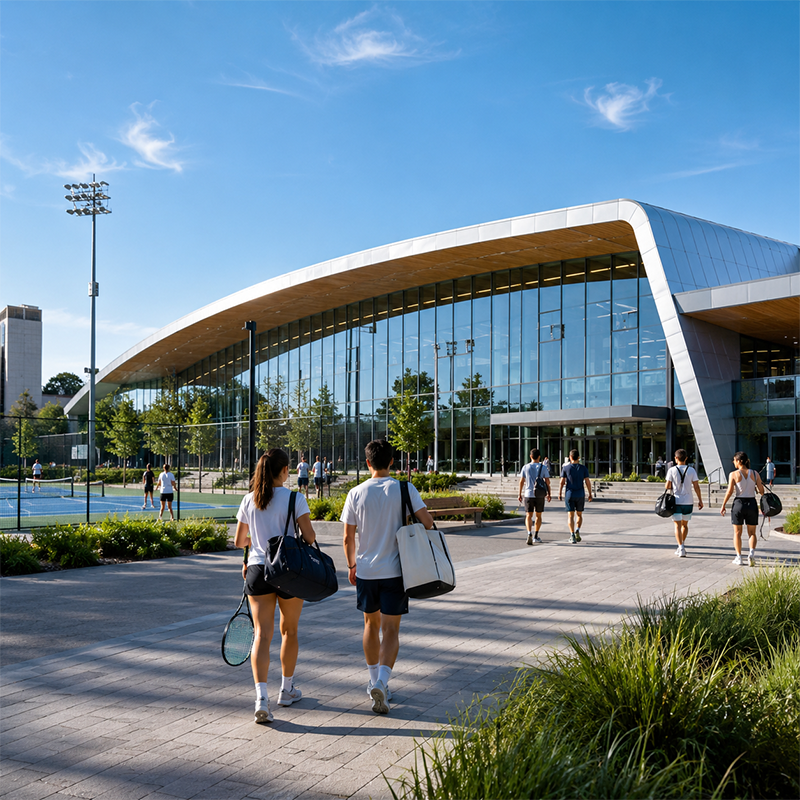 Modern sports center with tennis courts, athletic facilities and visitors carrying sports equipment