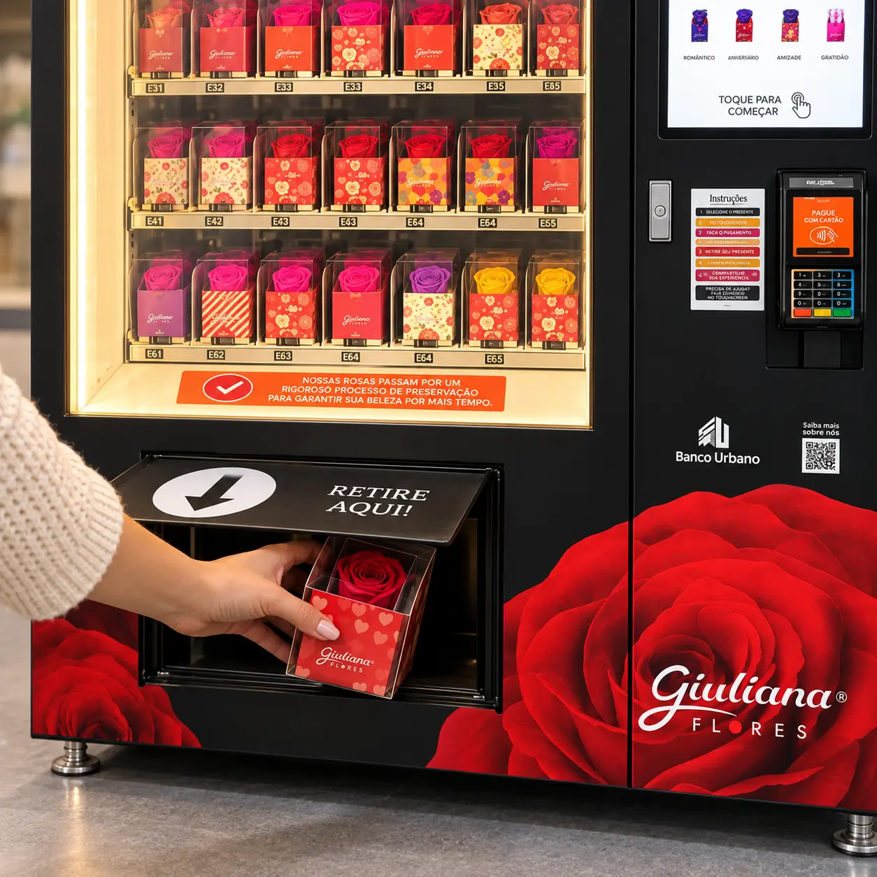 Customer collecting a red preserved flower gift box from the WM-22 pickup compartment