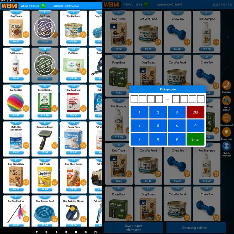 Smart pet supplies vending machine touchscreen with pickup code entry window for 24/7 product collection