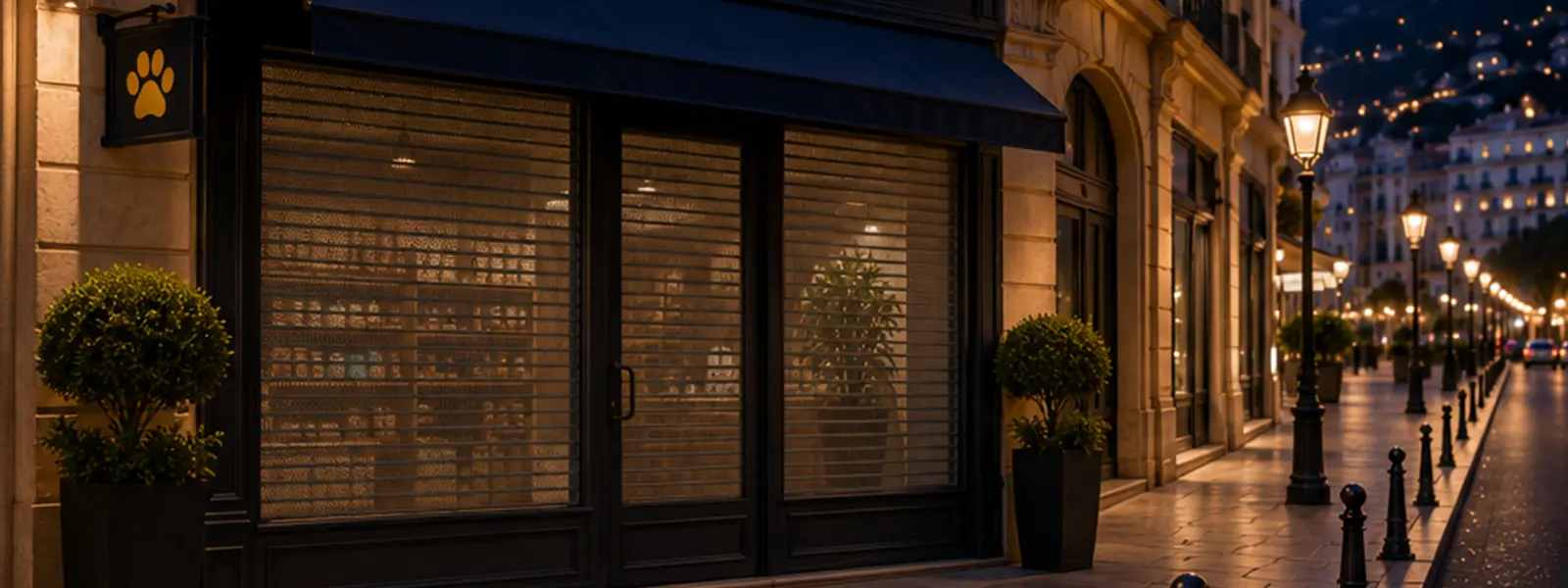 Closed pet supplies store on an elegant Monaco street at night, showing limited store hours for traditional pet retail shops.