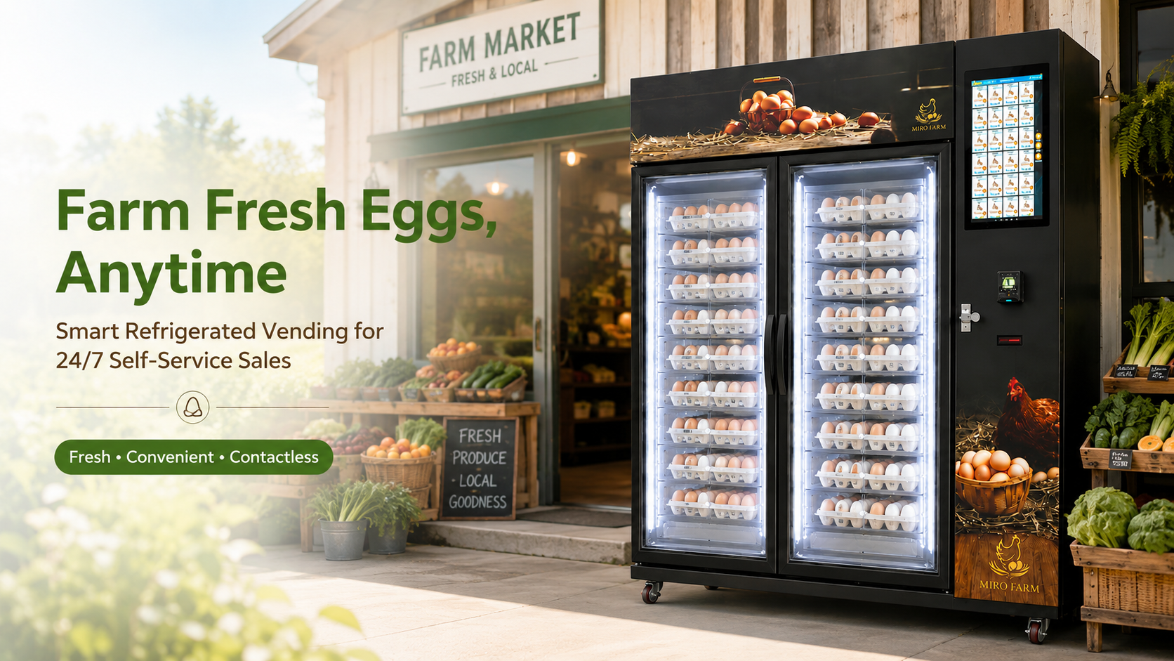 Smart refrigerated egg vending machine placed outside a farm market, filled with fresh eggs and promoting 24/7 self-service farm fresh egg sales. ATL(中文参考)
