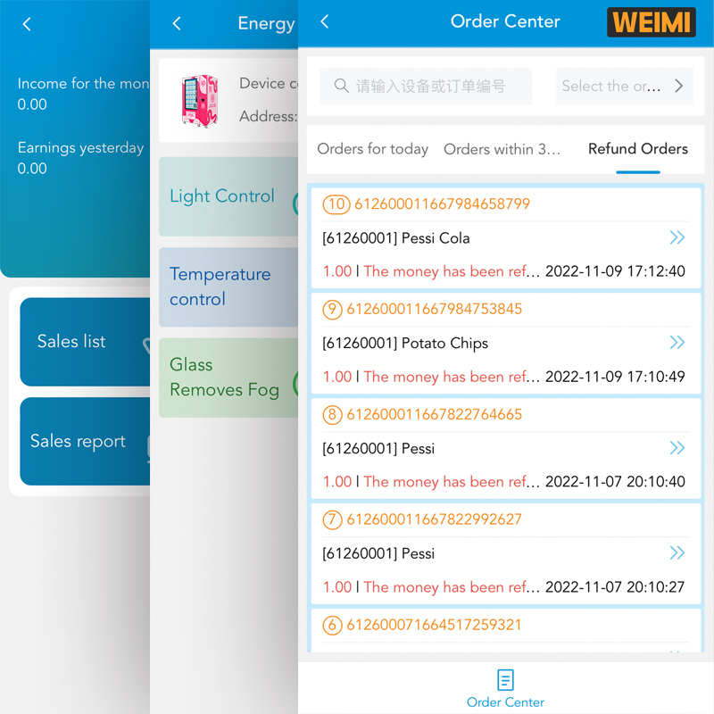 Mobile app interface showing WEIMI vending machine order management, including sales list, sales report, temperature control, light control, and refund orders.