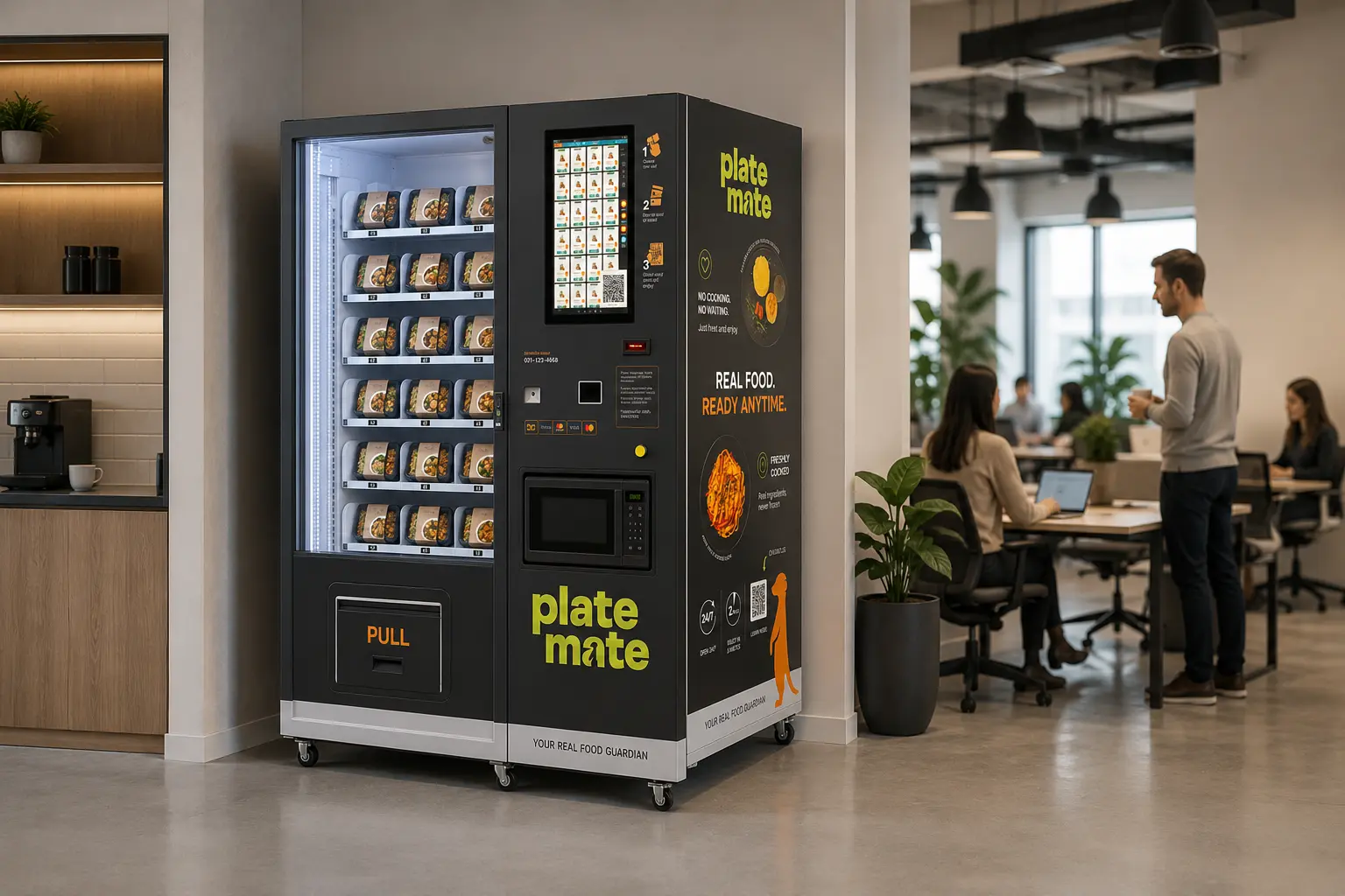 Hot food vending machine in a modern office