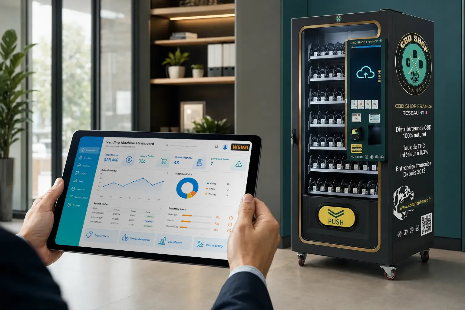 Máquina expendedora WEIMI conectada a una plataforma remota en la nube para ventas y gestión de inventario.