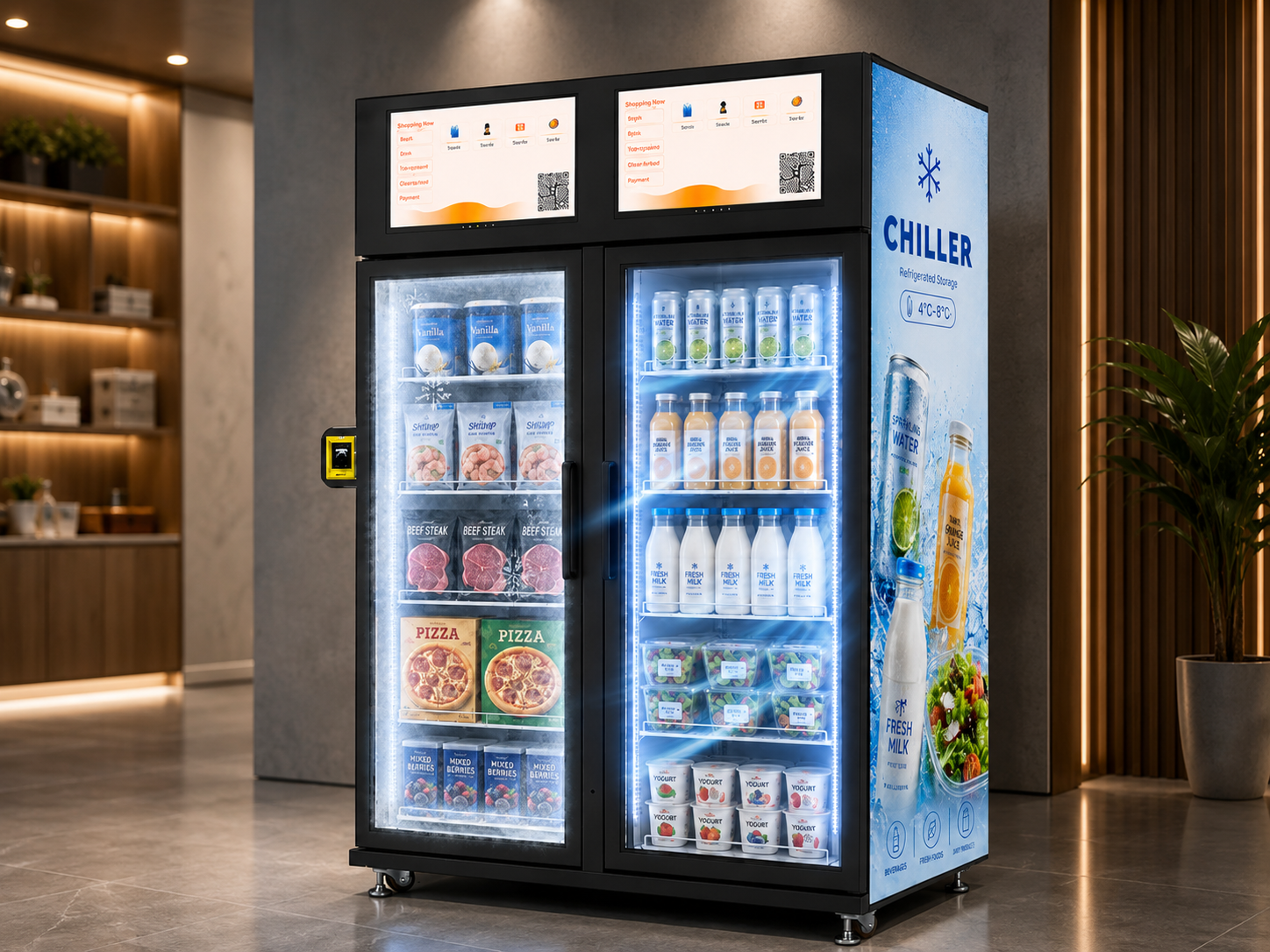 Left freezer right chiller dual temperature cabinet