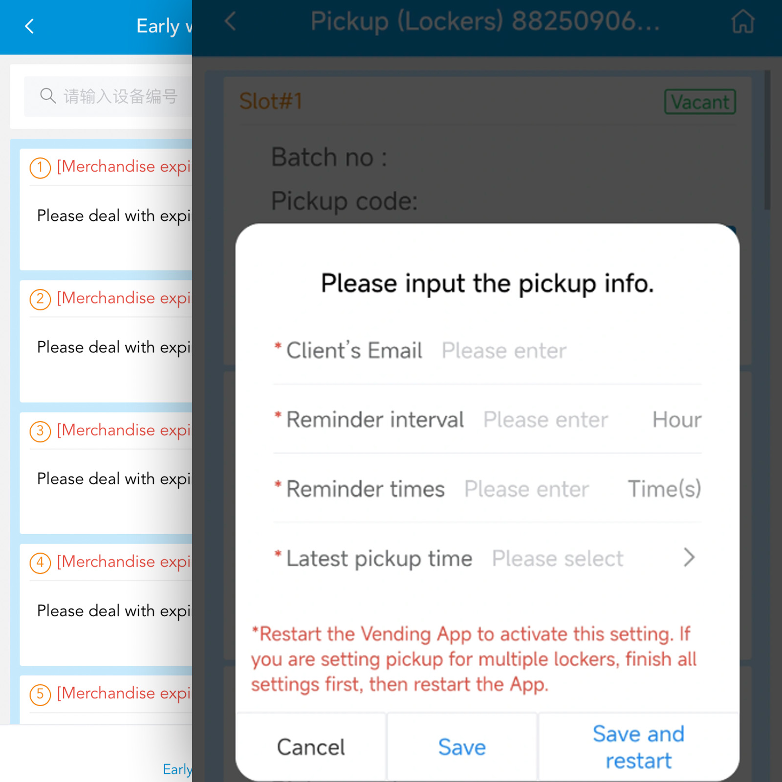 Mobile app interface for the WEIMI Egg Vending Machine showing a pickup reminder settings dialog, where operators can input client email, reminder interval, times, and latest pickup time, overlaying an expiry alert list in the background.