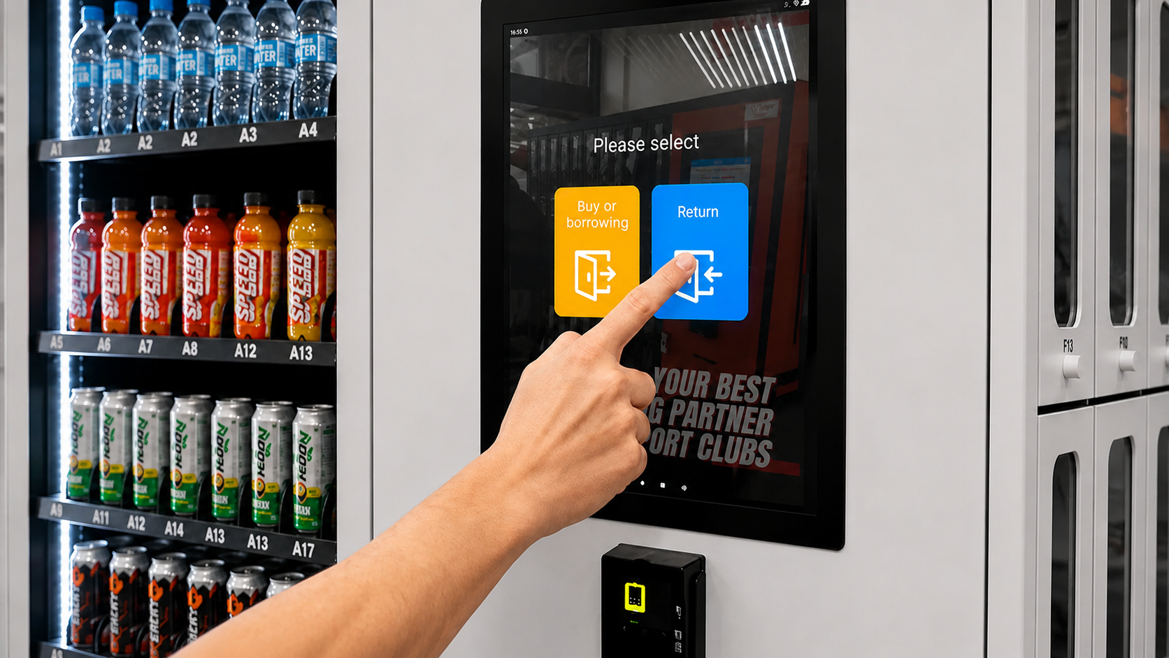 Customer selecting the tennis racket return option on the touchscreen