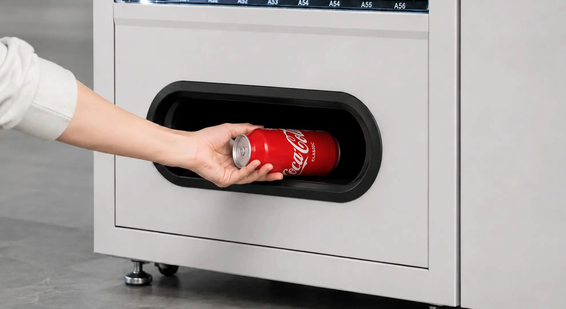 Customer collecting a purchased item from the vending machine pickup door