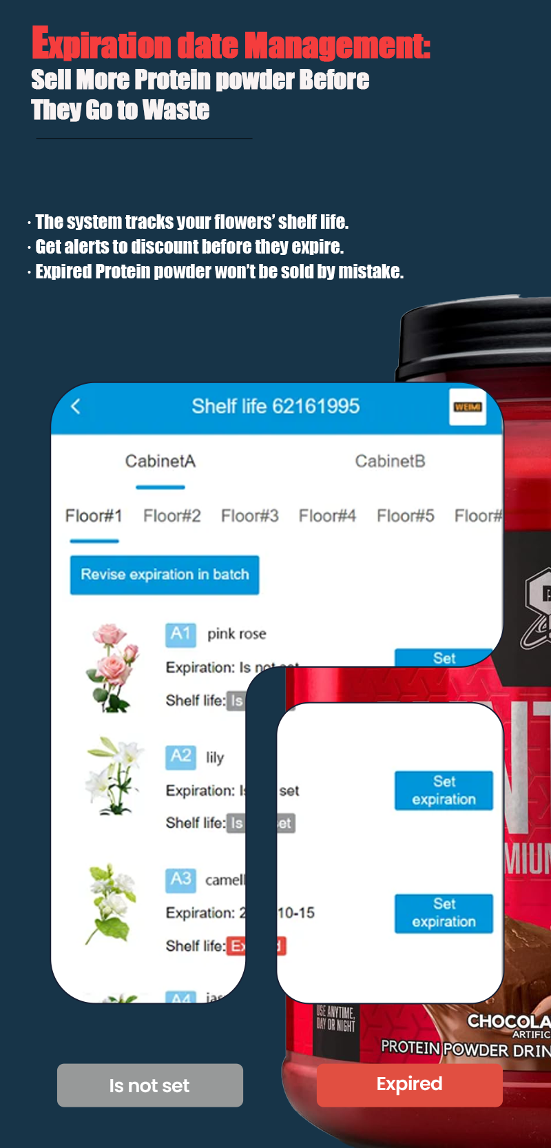 Protein powder vending machine expiration date management