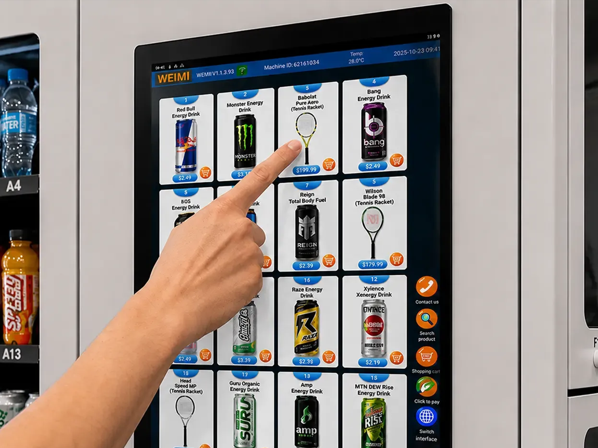 Close-up of a customer browsing products and racket rental options on the smart touchscreen