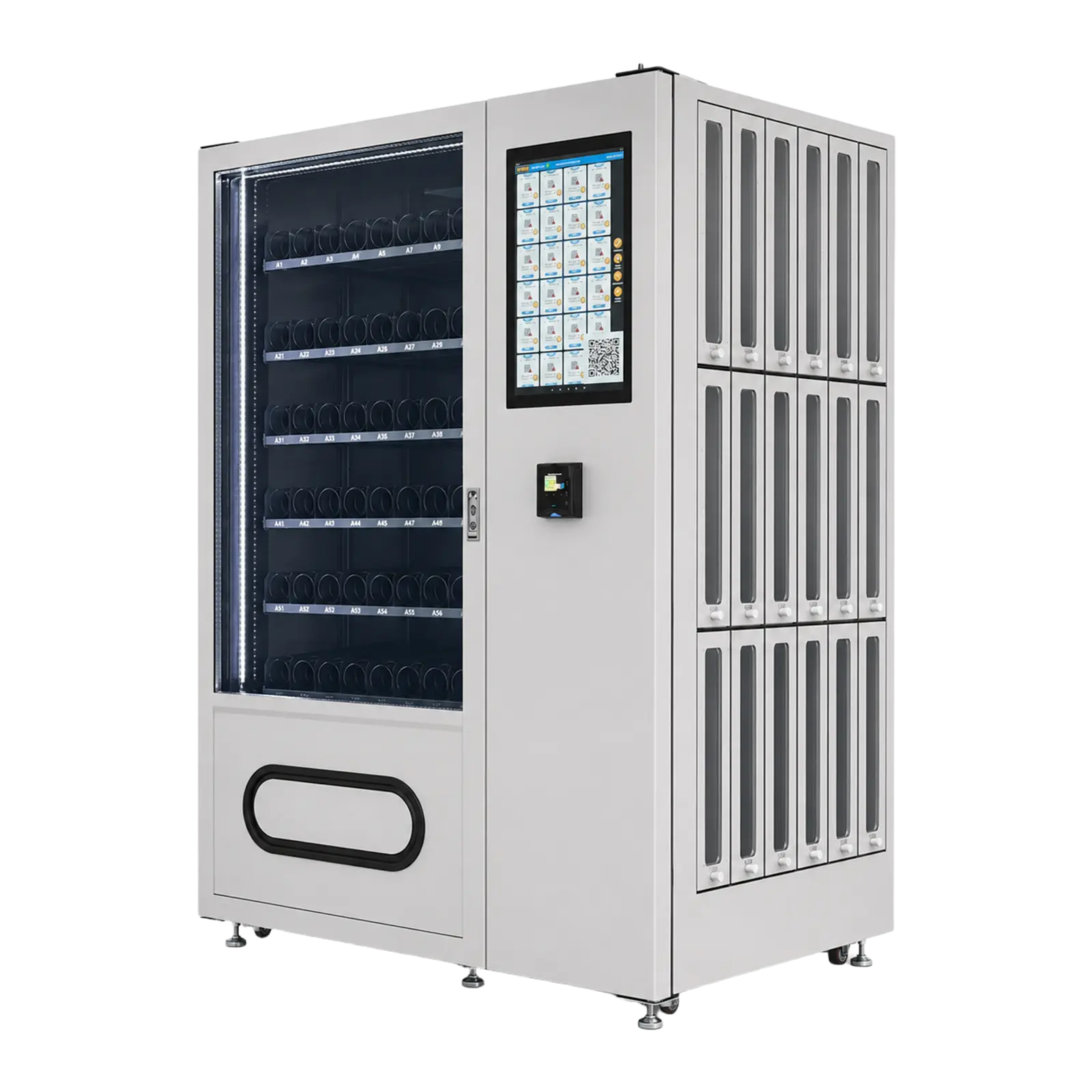 Standard white 2-in-1 tennis vending machine with secure racket rental lockers