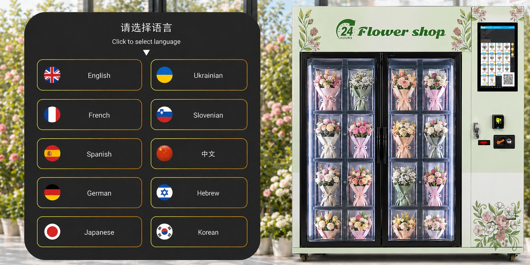 Multi-language flower vending machine interface with English, French, Spanish, German, Chinese, Japanese, Korean, and other language options.
