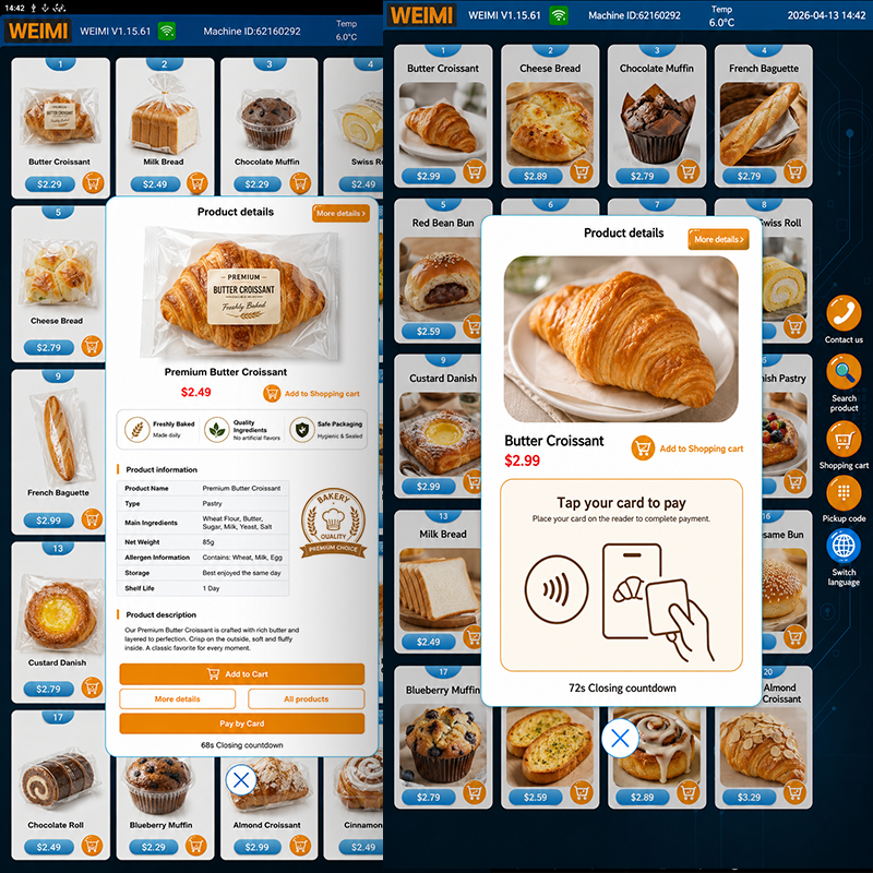 WEIMI bakery vending machine touchscreen interface showing two user screens: a product detail page and a card payment page. The product detail screen displays a packaged butter croissant with product information, ingredients, allergens, shelf life, and purchase buttons. The payment screen shows a butter croissant with a tap-to-pay card instruction. The background features multiple bakery products with prices, shopping cart icons, and self-service menu options.