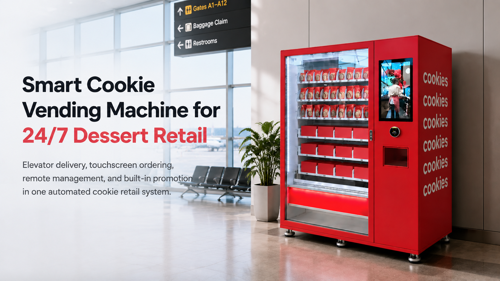 Smart cookie vending machine placed in an airport terminal corner against a wall, with a clean modern retail environment, showcasing 24/7 automated dessert sales with elevator delivery and touchscreen interface
