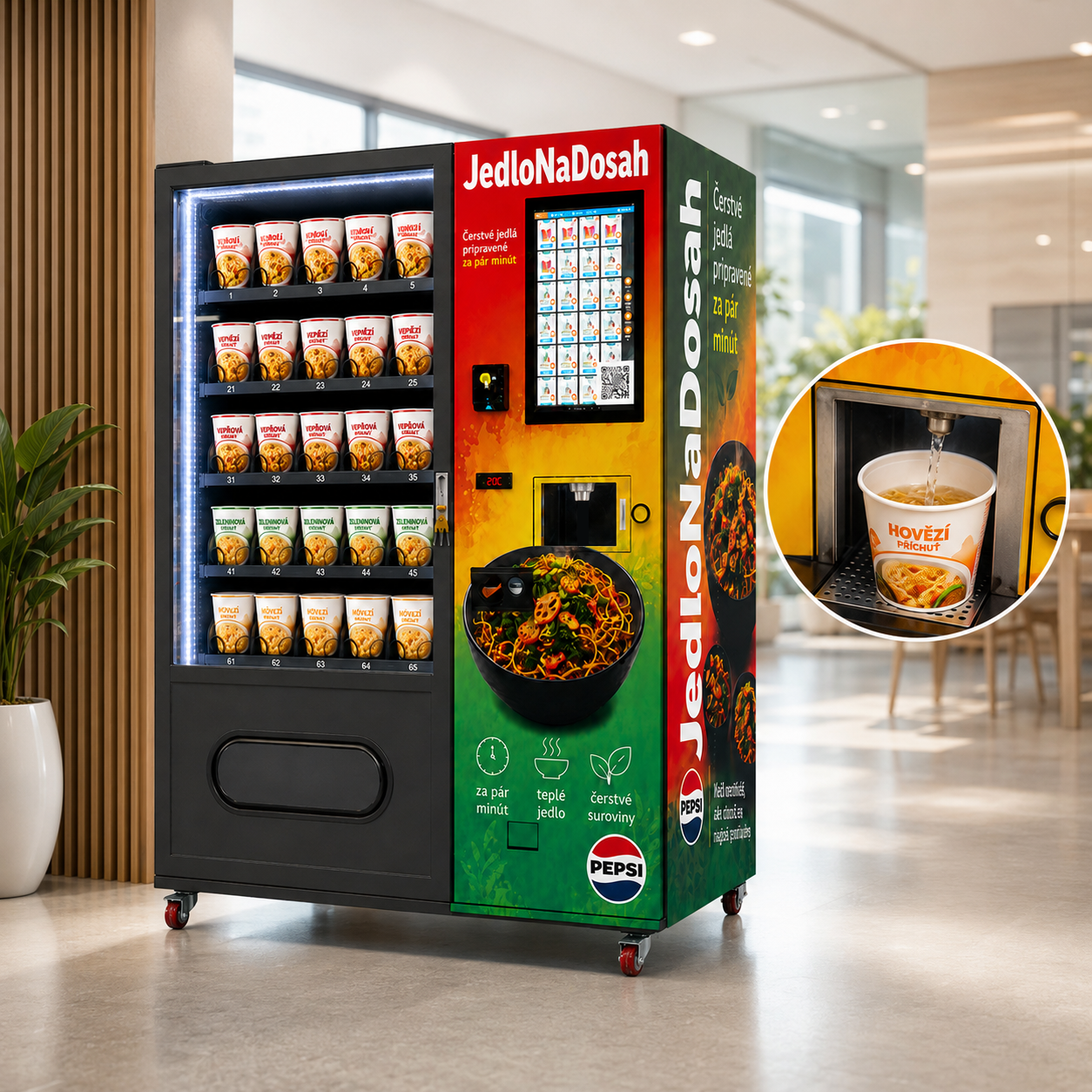 Instant noodle vending machine with built-in hot water supply in a modern office setting, displaying multiple cup noodle products and a close-up of hot water dispensing for self-service food retail.