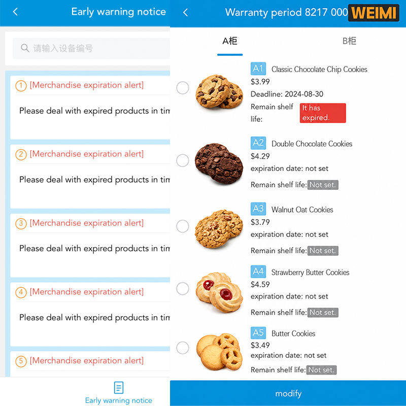 WEIMI vending machine management interface showing an early warning notice panel for merchandise expiration alerts and a product inventory list for cookie items, including product images, prices, expiration status, remaining shelf life, and a modify button for stock management.